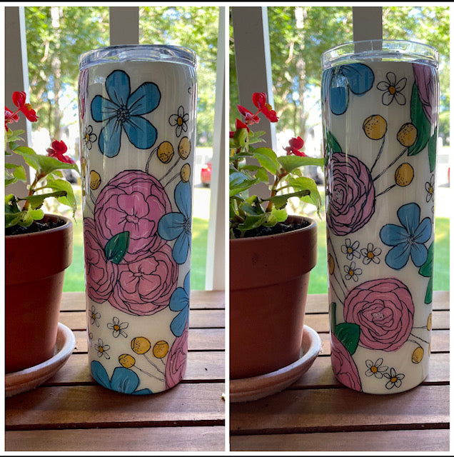 Hand painted white floral tumbler