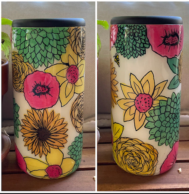 Hand painted white floral skinny can holder